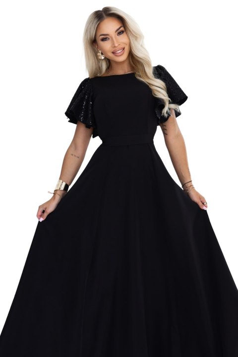 694-1 MIRELLA Elegancka rozkloszowana sukienka maxi z cekinowymi rękawkami - czarna Numoco