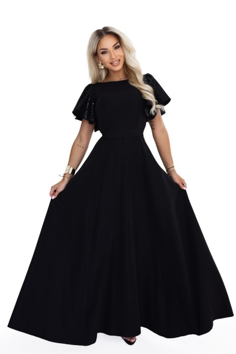 694-1 MIRELLA Elegancka rozkloszowana sukienka maxi z cekinowymi rękawkami - czarna Numoco