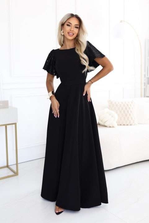 694-1 MIRELLA Elegancka rozkloszowana sukienka maxi z cekinowymi rękawkami - czarna Numoco