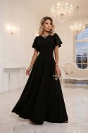 694-1 MIRELLA Elegancka rozkloszowana sukienka maxi z cekinowymi rękawkami - czarna Numoco