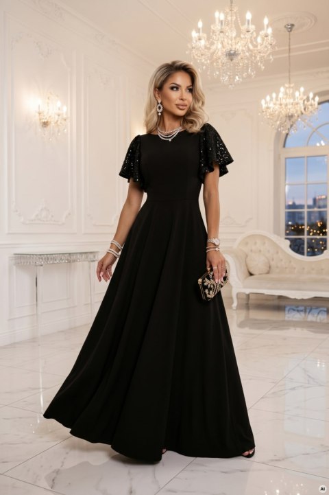 694-1 MIRELLA Elegancka rozkloszowana sukienka maxi z cekinowymi rękawkami - czarna Numoco