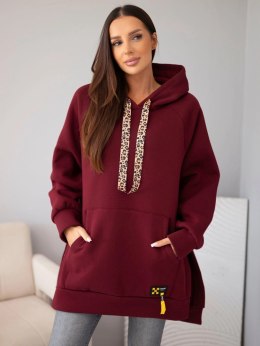 Bluza damska oversize z bawełny z kapturem i kieszenią bordowa