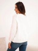Sweter damski z dodatkiem wełny i moheru z paskami na rękawach ecru+pudrowy róż
