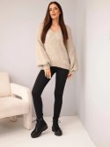 Sweter damski z dodatkiem wełny luźny fason beżowy