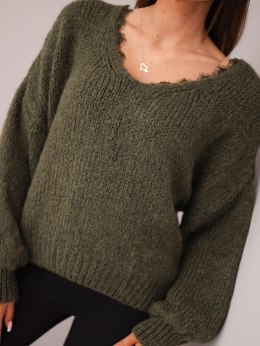 Sweter damski z dodatkiem wełny luźny fason khaki