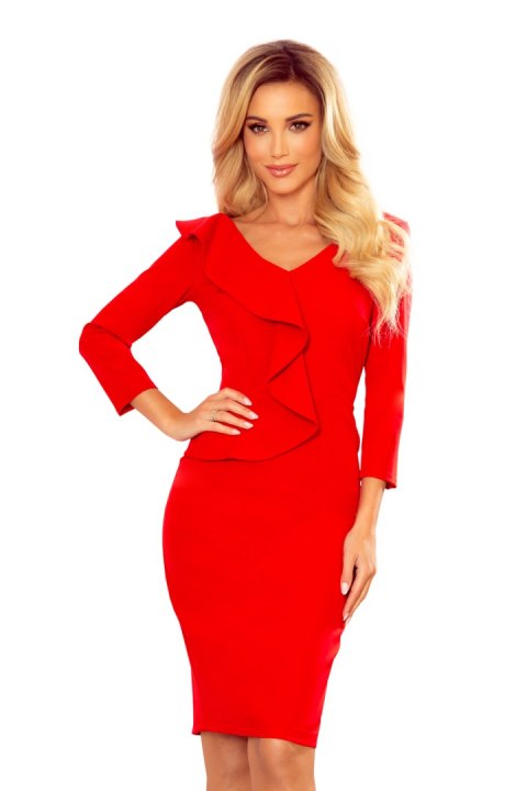 327-2 Elegancka sukienka z falbanką i dekoltem - CZERWONA Numoco