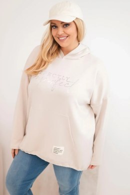 Bluza damska Plus Size masełko z kapturem i nadrukiem beżowa