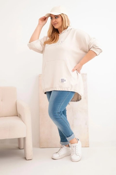 Bluza damska Plus Size masełko z kapturem i nadrukiem beżowa