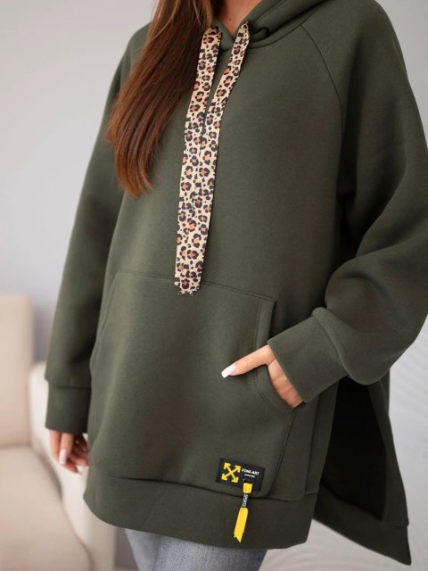 Bluza damska oversize z bawełny z kapturem i kieszenią khaki