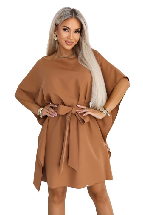 287-49 SOFIA Kobieca sukienka typu motyl z wiązaniem w pasie - toffi Numoco