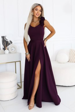 643-11 Elegancka wieczorowa suknia maxi z rozcięciem i różami - dojrzała śliwka Numoco