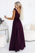 643-11 Elegancka wieczorowa suknia maxi z rozcięciem i różami - dojrzała śliwka Numoco