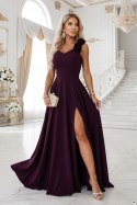 643-11 Elegancka wieczorowa suknia maxi z rozcięciem i różami - dojrzała śliwka Numoco