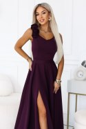 643-11 Elegancka wieczorowa suknia maxi z rozcięciem i różami - dojrzała śliwka Numoco