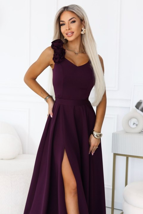 643-11 Elegancka wieczorowa suknia maxi z rozcięciem i różami - dojrzała śliwka Numoco