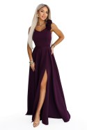 643-11 Elegancka wieczorowa suknia maxi z rozcięciem i różami - dojrzała śliwka Numoco