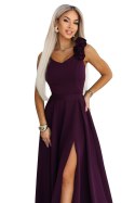 643-11 Elegancka wieczorowa suknia maxi z rozcięciem i różami - dojrzała śliwka Numoco