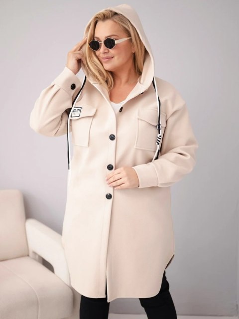 Płaszcz damski Plus Size z kapturem zapinany na guziki beżowy