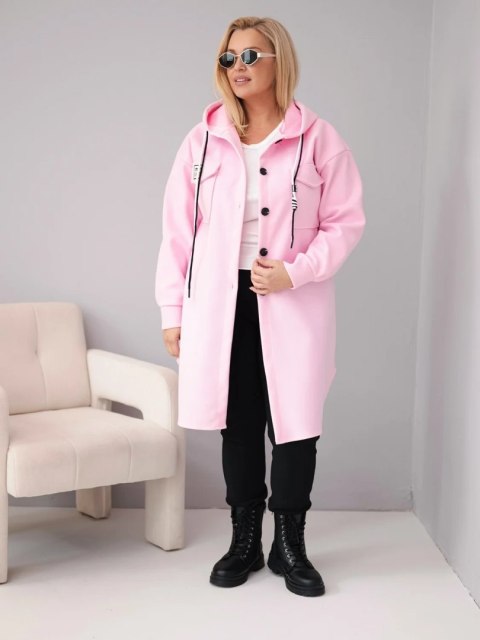 Płaszcz damski Plus Size z kapturem zapinany na guziki cukierkowy róż