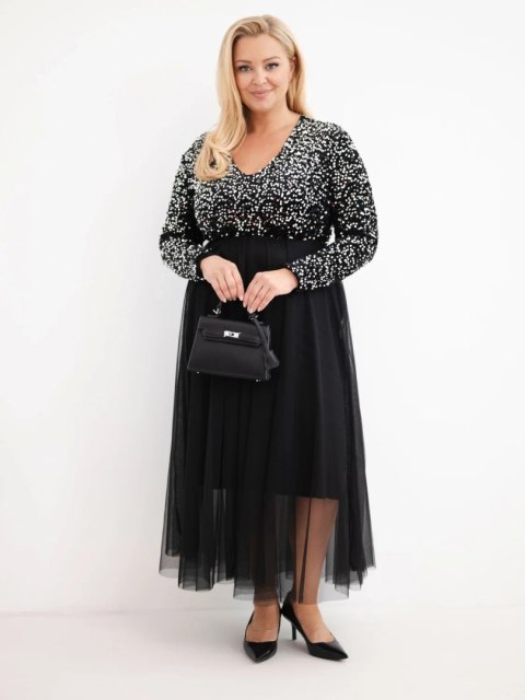 Sukienka damska Plus Size z cekinami z dodatkiem wiskozy czarna+srebrna