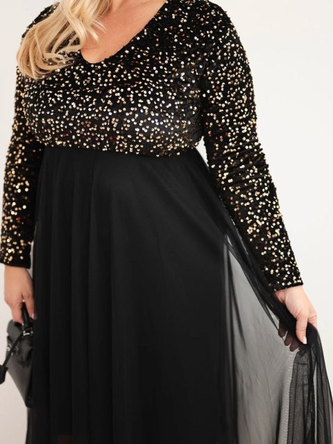 Sukienka damska Plus Size z cekinami z dodatkiem wiskozy czarna+złota