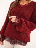 Sweter damski luźny z dodatkiem wełny i koronkową bluzką bordowy