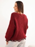 Sweter damski luźny z dodatkiem wełny i koronkową bluzką bordowy