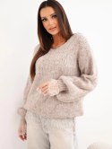 Sweter damski luźny z dodatkiem wełny i koronkową bluzką ciemnobeżowy