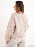Sweter damski luźny z dodatkiem wełny i koronkową bluzką ciemnobeżowy