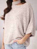 Sweter damski oversize z asymetrycznym dekoltem i półgolfem beżowy melanż