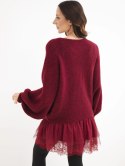 Sweter damski z sukienką z wiskozy i koronką bordowy