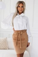 578-2 Wyjątkowa biznesowa bluzka z długim rękawkiem, wiązaniem i guzikami - biała w srebrny wzór Numoco