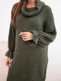 Sweter damski długi z dodatkiem wełny i golfem khaki