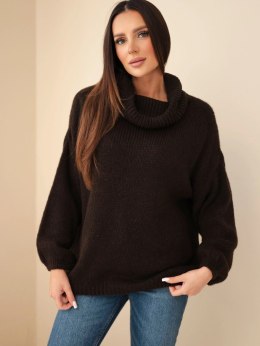 Sweter damski luźny z dodatkiem wełny z golfem brązowy