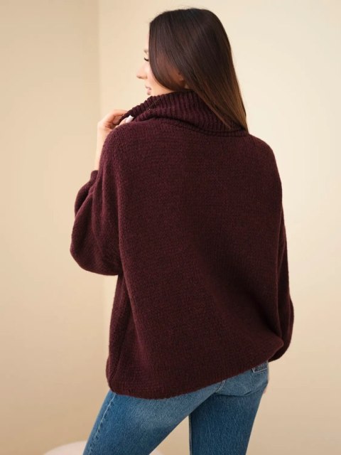 Sweter damski luźny z dodatkiem wełny z golfem śliwkowy