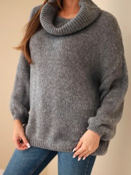 Sweter damski luźny z dodatkiem wełny z golfem szary