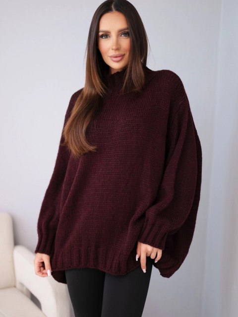 Sweter damski luźny z dodatkiem wełny z półgolfem śliwkowy