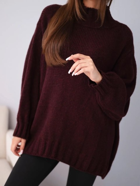 Sweter damski luźny z dodatkiem wełny z półgolfem śliwkowy