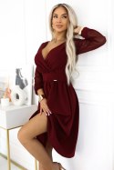 657-3 Elegancka sukienka midi z kopertowym dekoltem i tiulowymi rękawami - bordowa Numoco