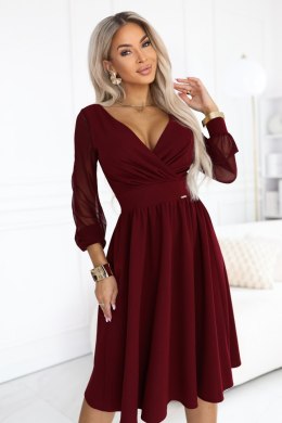 657-3 Elegancka sukienka midi z kopertowym dekoltem i tiulowymi rękawami - bordowa Numoco