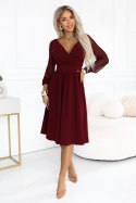 657-3 Elegancka sukienka midi z kopertowym dekoltem i tiulowymi rękawami - bordowa Numoco