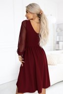 657-3 Elegancka sukienka midi z kopertowym dekoltem i tiulowymi rękawami - bordowa Numoco