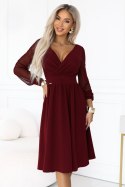 657-3 Elegancka sukienka midi z kopertowym dekoltem i tiulowymi rękawami - bordowa Numoco