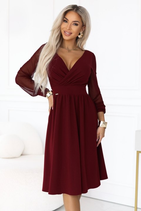 657-3 Elegancka sukienka midi z kopertowym dekoltem i tiulowymi rękawami - bordowa Numoco