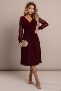 657-3 Elegancka sukienka midi z kopertowym dekoltem i tiulowymi rękawami - bordowa Numoco