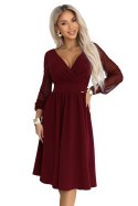 657-3 Elegancka sukienka midi z kopertowym dekoltem i tiulowymi rękawami - bordowa Numoco