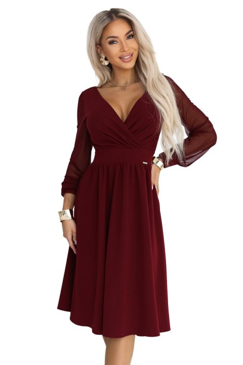 657-3 Elegancka sukienka midi z kopertowym dekoltem i tiulowymi rękawami - bordowa Numoco