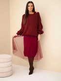Sweter damski luźny z dodatkiem wełny z sukienka z tiulem bordowy