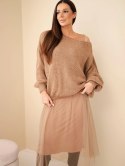 Sweter damski luźny z dodatkiem wełny z sukienka z tiulem camelowy
