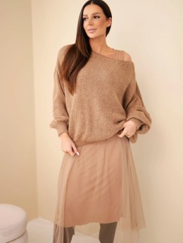 Sweter damski luźny z dodatkiem wełny z sukienka z tiulem camelowy